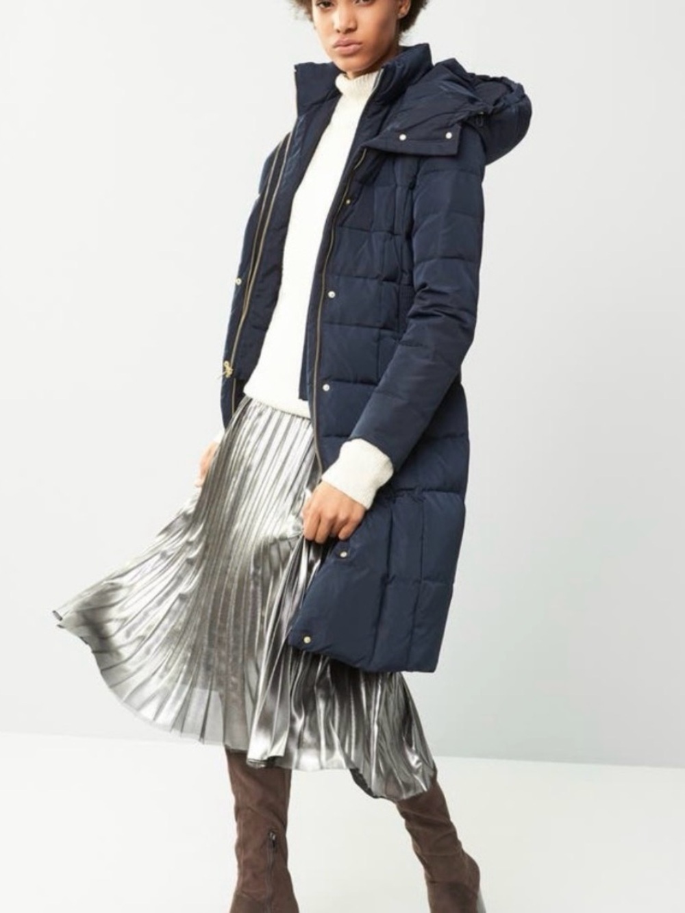 Cole Haan Signature Hooded Down Maxi Puffer Coat Navy Medium